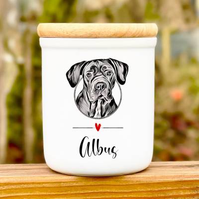 Keramik Leckerlidose 'Cane Corso' mit Hunde-Silhouette, personalisiert mit Namen