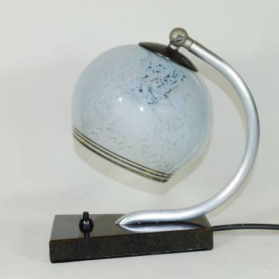 50er Jahre Tischleuchte DDR klein Nachtlicht Aluminium Marmor Glas schwarz blau sixties fifties vintage upcycling