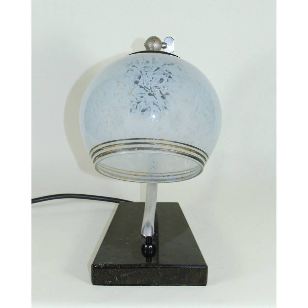 50er Jahre Tischleuchte DDR klein Nachtlicht Aluminium Marmor Glas schwarz blau sixties fifties vintage upcycling Bild 3