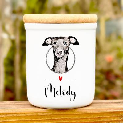 Keramik Leckerlidose 'Greyhound' mit Hunde-Silhouette, personalisiert mit Namen