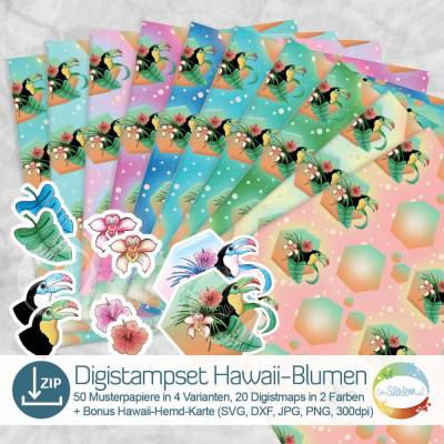 Digistampset Hawaii-Blumen, mit tropischen Blüten und Tukan, sommerliches Papier, Urlaubs-Paradies, Design senSEASONal
