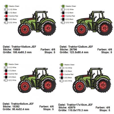 4 tlg. Stickdatei Schlepper Traktor Trekker Bulldog mehrfarbig Stickmuster Stickmotiv