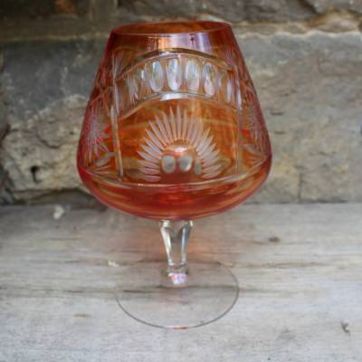Fußkelch Kelch orange geschliffen Stern Sonnen Dekor Bleikristall DDR