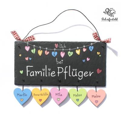 Personalisiertes Haustürschild Familie aus Schiefer – Wetterfest, Handgemacht & Bunt mit Namen