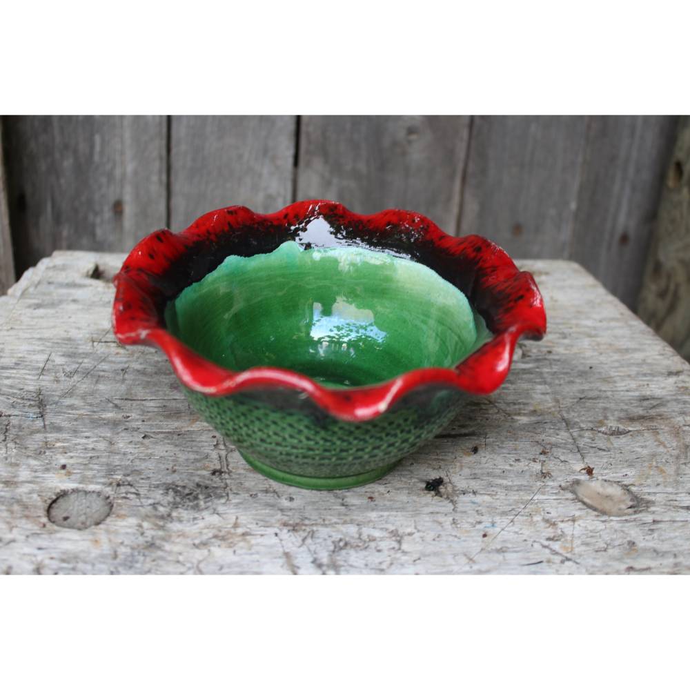 Schale Anbietschale rot grün glasiert Keramik Boho Vintage