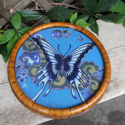 Art Deco Schmetterling Seidenmalerei Bambus Dekor Holzrahmen 20er 30er Jahre