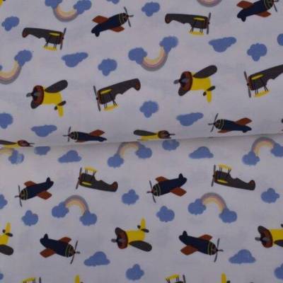 Jerseystoff Magic Flugzeuge mit UV-Farbwechsel – Regenbogen & Wolken – Baumwolle/Elasthan, 0,50m x 1,50m