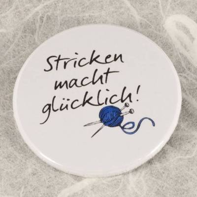 Button / Magnet mit Spruch: Stricken macht glücklich! ~ blau ~ 38mm