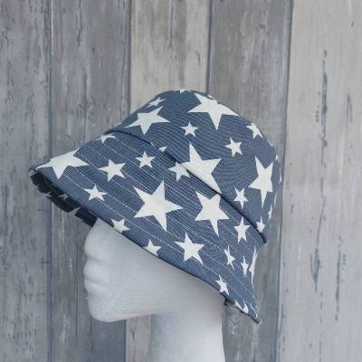 Fischerhut Jeansstoff KU 51-53 Sterne graublau 