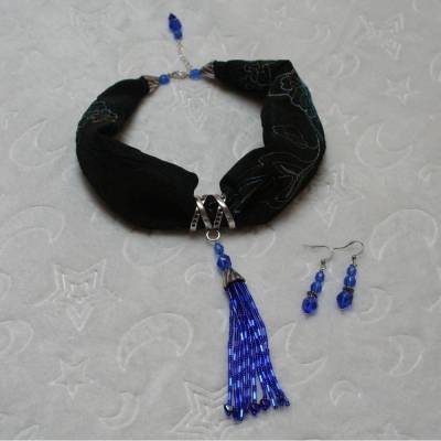 2-teiliges Stoffcollier mit Tuchring in blau