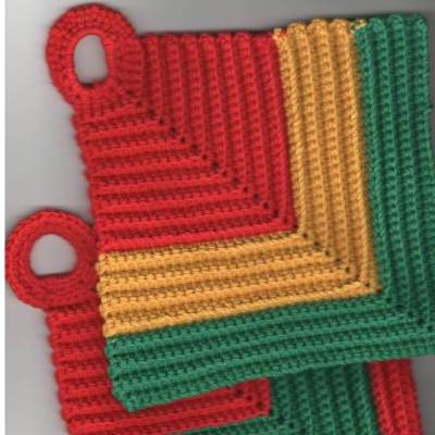 T0026 gehäkelt 2 Topflappen und Untersetzer 100% Baumwolle Handarbeit dunkelgrün gelb rot grün