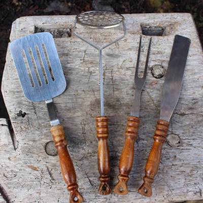 4 tlg. Küchenhelfer Set Edelstahl Holz Vintage Retro Küche 70er Jahre