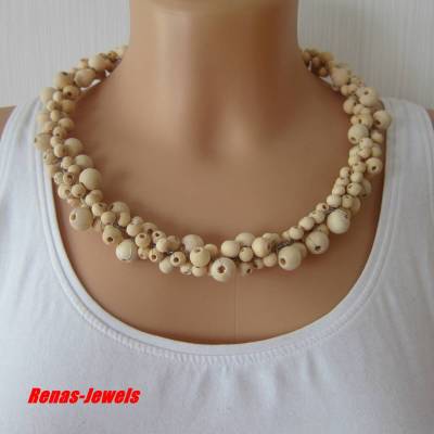 Statement Kette Collier beige Natur Holzperlen – handgefertigte Holzkette mit Edelstahl Halsreif