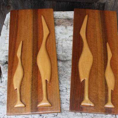 Set Reiher Kranich Bilder Holz Relief Midcentury 50er 60er Jahre West Germany