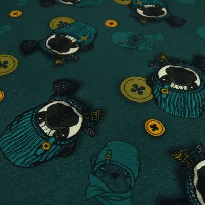 Stoff Baumwolle French Terry Sweatshirtstoff Hunde Bulldog Knöpfe grün curry braun Kinderstoff Kleiderstoff