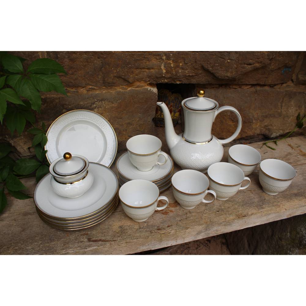 20 tlg. Kaffeeservice Teeservice Goldrand schwarzes Ornament Seltmann Weiden Porzellan 60er Jahre