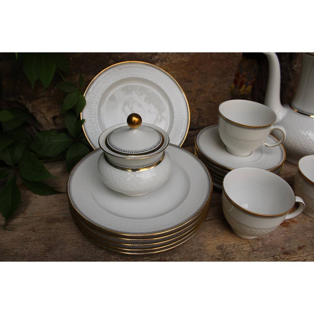 20 tlg. Kaffeeservice Teeservice Goldrand schwarzes Ornament Seltmann Weiden Porzellan 60er Jahre
