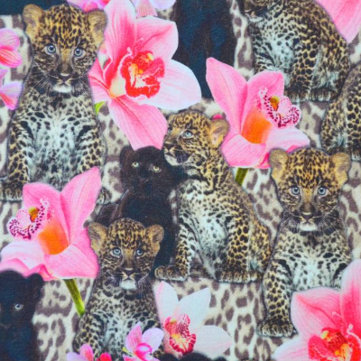 Jersey mit Leoparden scharzen Panthern Orchideen 50 x 150 cm Nähen Stoff Raubkatze Digitaldruck
