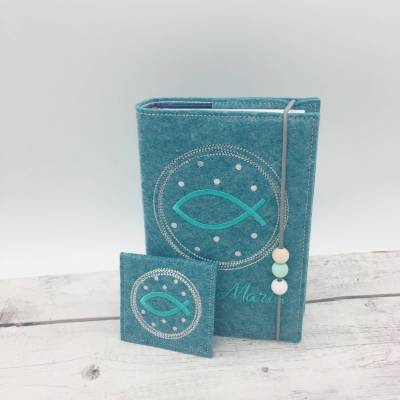 Gotteslobhülle + Rosenkranztasche Fisch im Kreis Hülle Geschenk Kommunion Set Firmung Geschenkidee personalisiert