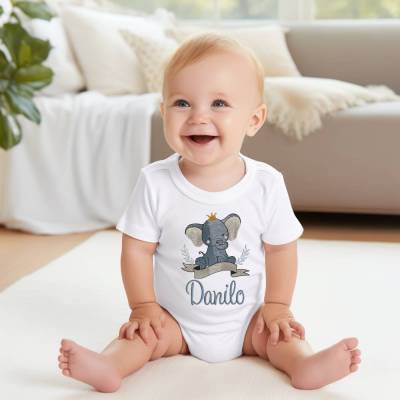 Bestickter Baby Body mit Elefant als Geschenk zur Geburt Taufe Pate personalisiert mit Name Geschenkidee für Mädchen und