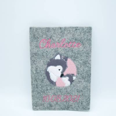 Geschenk Geburt Baby U-Heft, U-Hefthülle aus Filz bestickt personalisiert In Liebe mit Namen und Geburtsdatum Fuchs