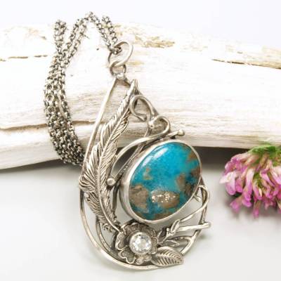Pyrit Türkis Anhänger, Aquamarin, Arizona Türkis, Feder Anhänger, 925 Sterling Silber Halskette