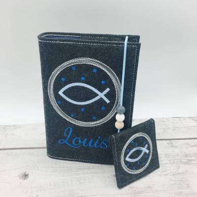 Gotteslobhülle + Rosenkranztasche Fisch im Kreis Hülle Geschenk Kommunion Set Firmung Geschenkidee personalisiert