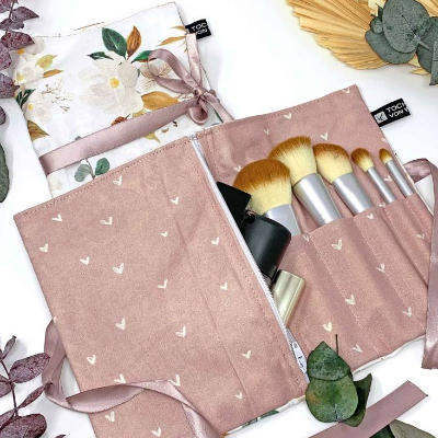 Kosmetiktasche rosa für Reisen, Schminktasche aus Baumwolle, Kulturtasche rosa für Frauen, Make-up Tasche Blumen