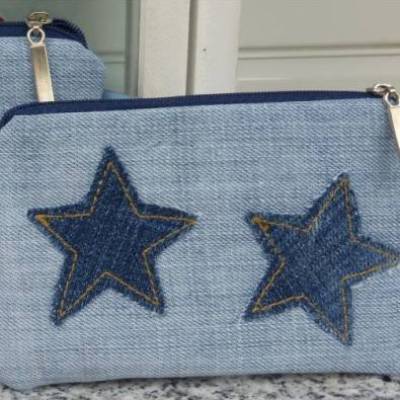 Jeans-Mäppchen, Geldbeutel 'Stars', Upcycling, Geschenk zum Schulanfang