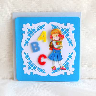 Glückwunschkarte zum Schulanfang blau-hellblau, Mädchen mit Filzbuchstaben ABC (8)