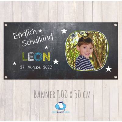 Banner zur Einschulung 100 x 50 cm - mit Foto personalisierbar | Tafeloptik Sternchen