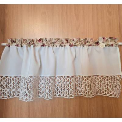 Landhausgardine, Shabby chic, Rosenmuster, breite Spitze