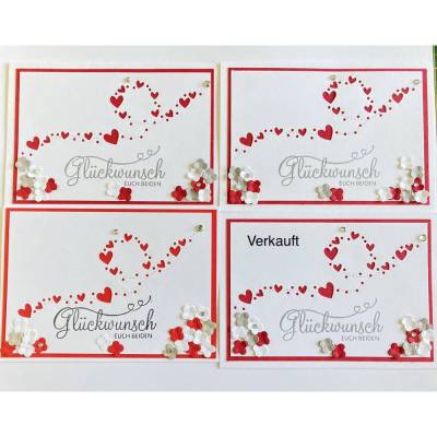3D Glückwunschkarte ♡Hochzeitskarte ♡mit Herzen Blumen Blüten- Handgefertigt Rot-Weiß Stampin'Up