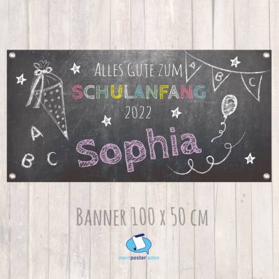 Banner zur Einschulung 100 x 50 cm - personalisierbar | Tafeloptik Schulanfang - lila