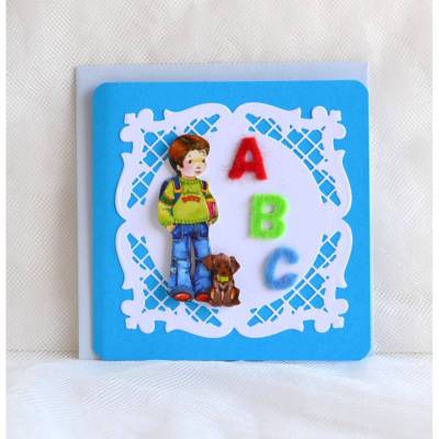 Glückwunschkarte zum Schulanfang blau-hellblau, Junge mit Filzbuchstaben ABC (9)