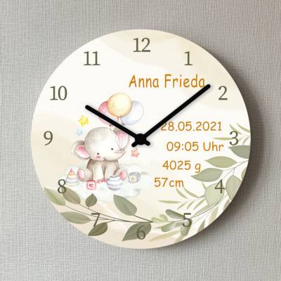 Geburtsdatum Uhr Elefant Tiere Kinder Wanduhr Baby Taufe Geburt 25 cm Babygeschenk Geburtsuhr