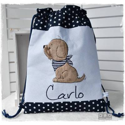 Beutel-/Rucksack blau mit Hund und Wunschname