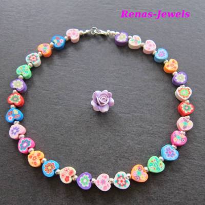 Kinderkette bunt Herz Perlen mit Blumen Kinder Kette Herzkette PolymerClay Mädchenkette