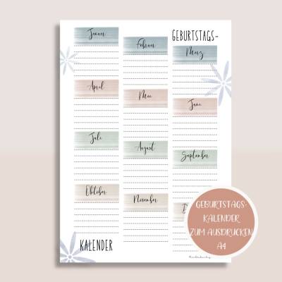 Geburtstagskalender zum Ausdrucken A4 | Planer&Listen Printables