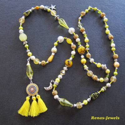 Bettelkette Kette lang gelb silberfarben mit Quasten Anhänger Perlenkette Boho Ethno Ibiza Hippie Kette Handgefertigt