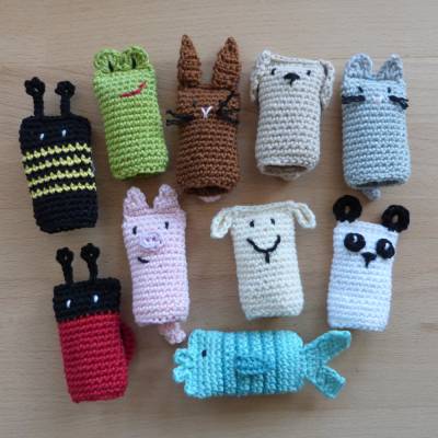 Häkelanleitung Fingerpuppen Tiere: Hund, Katze, Fisch, Schwein, Frosch, Biene, Schaf, Panda, pdf-Datei