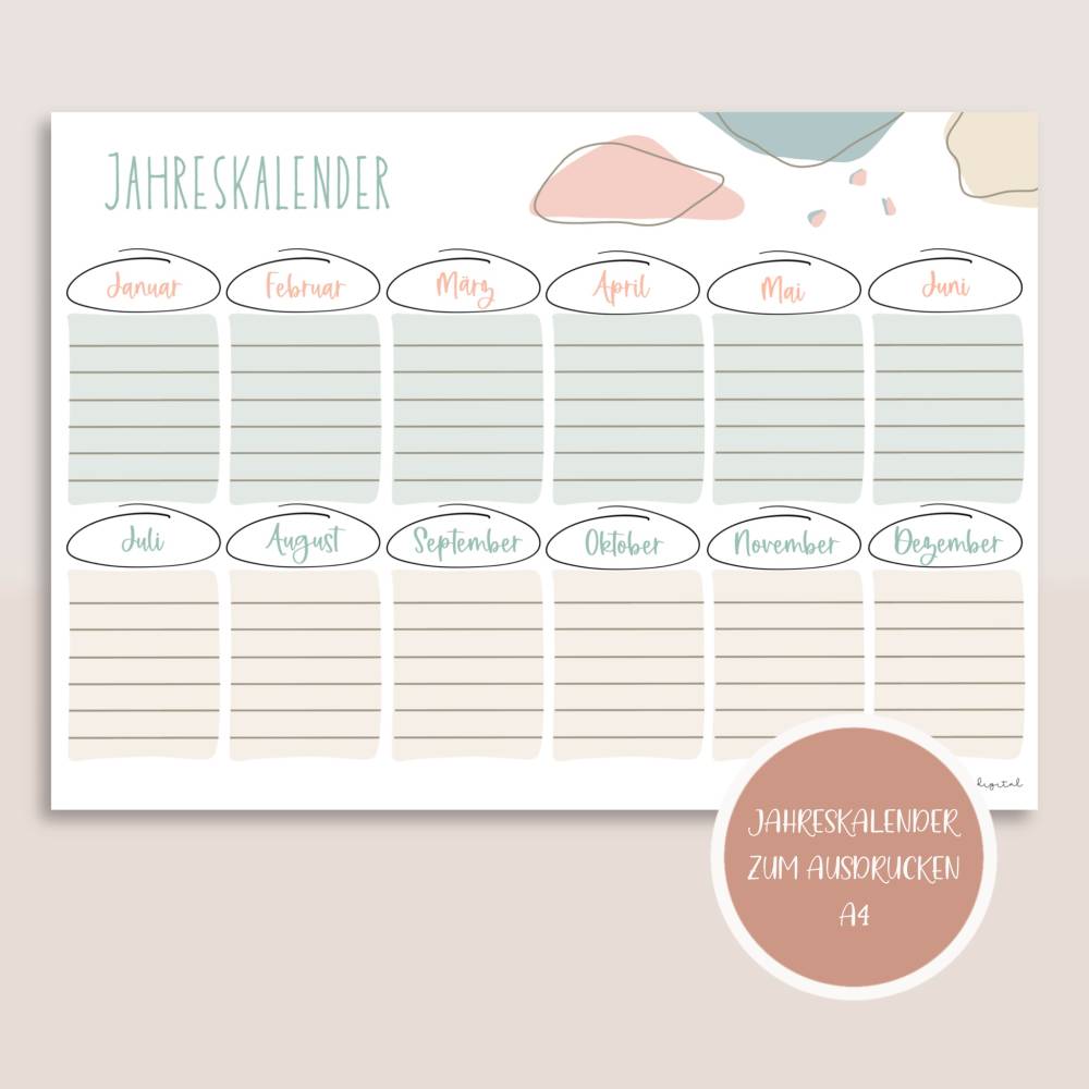 Jahreskalender (undatiert) zum Ausdrucken A4 | Planer&Listen Printables