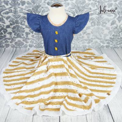 Drehkleid - Kleid mit Drehrock Jeanslook Glitzer Streifen Gold Einhorn