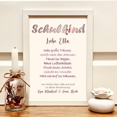 Personalisiertes Einschulungsgeschenk Mädchen: Bilderrahmen mit Namen & Geldfach – Handgemachte Geschenkidee Schulkind