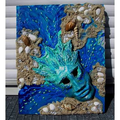 Collage auf Holzobjekt NEPTUNS TRÄNEN Acrylbild abstrakte Acrylmalerei Kunst direkt v. Künstler Malerei Acrylbild  