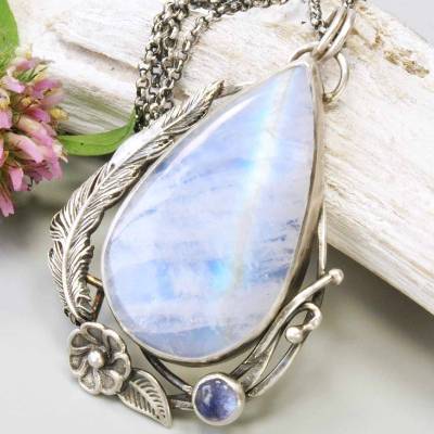 Regenbogen Mondstein Halskette, Tansanit, Iolith, Feder Blumen Anhänger, 925 Sterling Silber Halskette