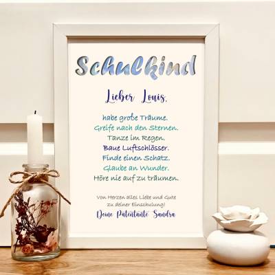 Personalisiertes Geldgeschenk zur Einschulung für Jungen im A4 Bilderrahmen – Geschenk zum 1. Schultag mit Name