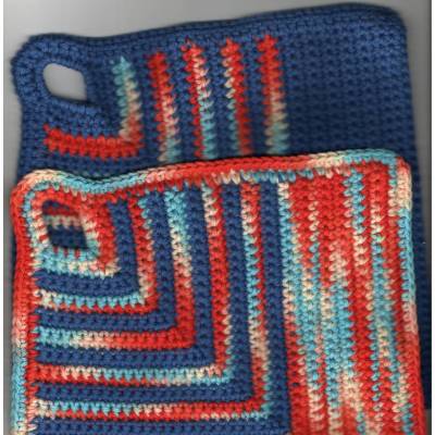 T0077 gehäkelt 2 Topflappen Untersetzer ca. 20 x 20 cm Baumwolle Handarbeit dunkelblau jeansblau blau rot gelb Küche