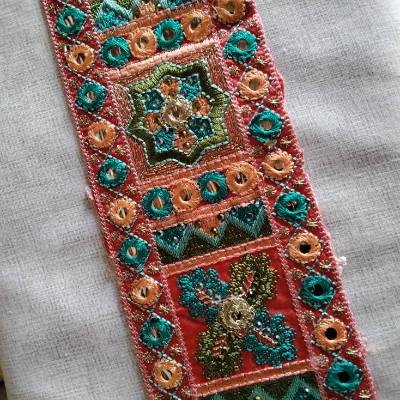 1m Borte mit Strasssteinen, Spiegeln bestickt, sommerlich, rot, türkis, lachs, mint, silber, 75mm, Polyester, Acyl, PVC