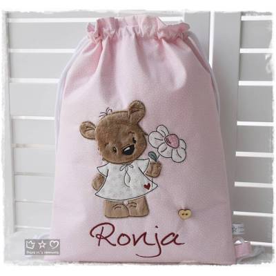 Turnbeutel/Rucksack rosa Bärli mit Blume und Wunschname